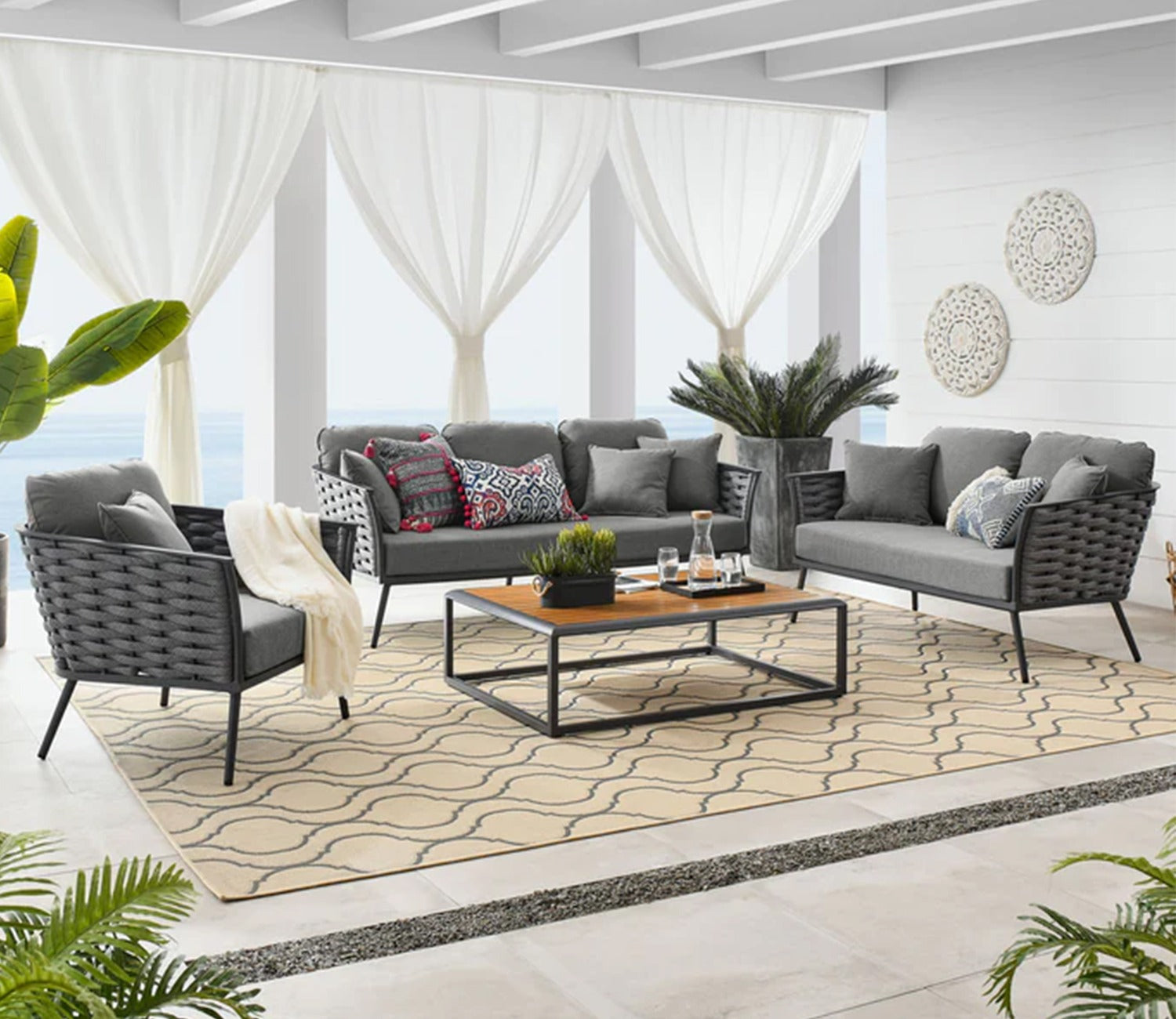Grey Rope 6 Seater Sofa Set With Rectangle Table And Grey Cushions