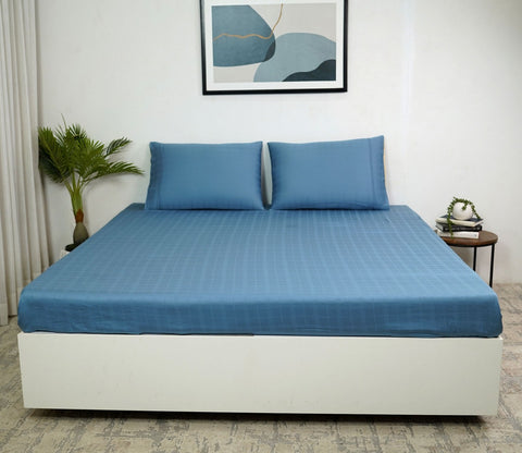 Organic Dobby Checks Bamboo Bedsheet Single Size Bed 300 TC with 1 Pillowcase and 1 Fitted Bedsheet (Blue)