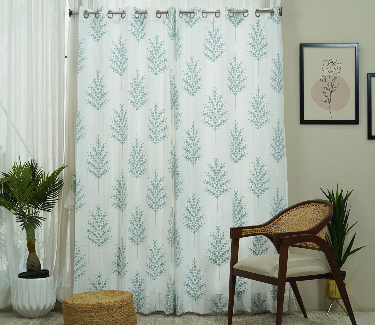 Jacquard Tree 1 Piece Sheer Curtain (Blue, 7 Feet)