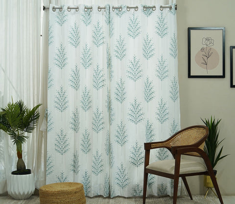 Jacquard Tree 1 Piece Sheer Curtain (Blue, 7 Feet)