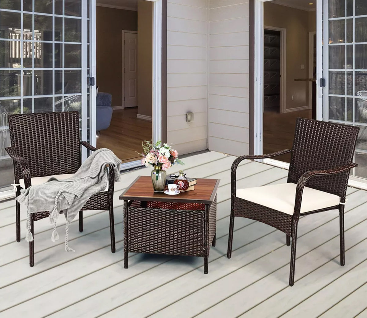 Dark Brown Rattan And Wicker 2 Seater Chair Set With Square Table And Cream Cushions
