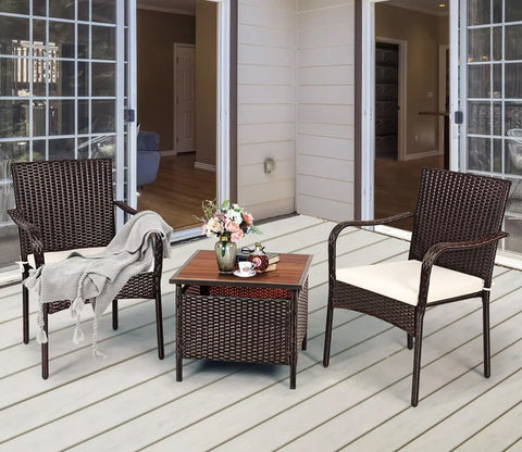Dark Brown Rattan And Wicker 2 Seater Chair Set With Square Table And Cream Cushions