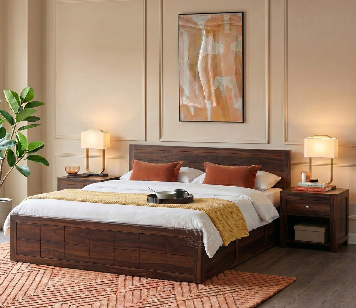 Brixton Sheesham Wood Bed With Box Storage (Queen Size, Walnut Finish)
