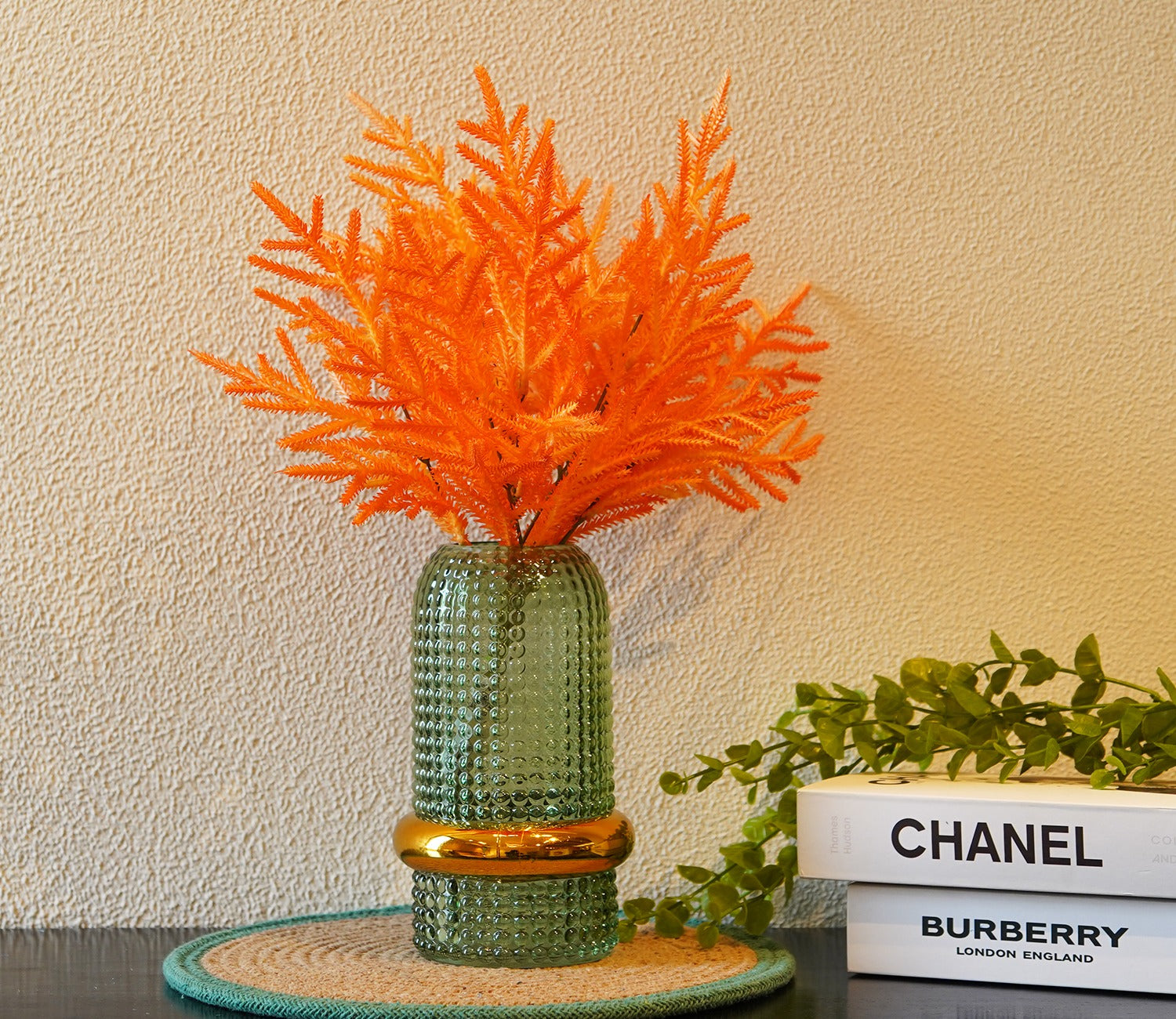 Ever Bloom Artificial Plant Plastic Iron Leaf Plastic Set of 2 (Orange)