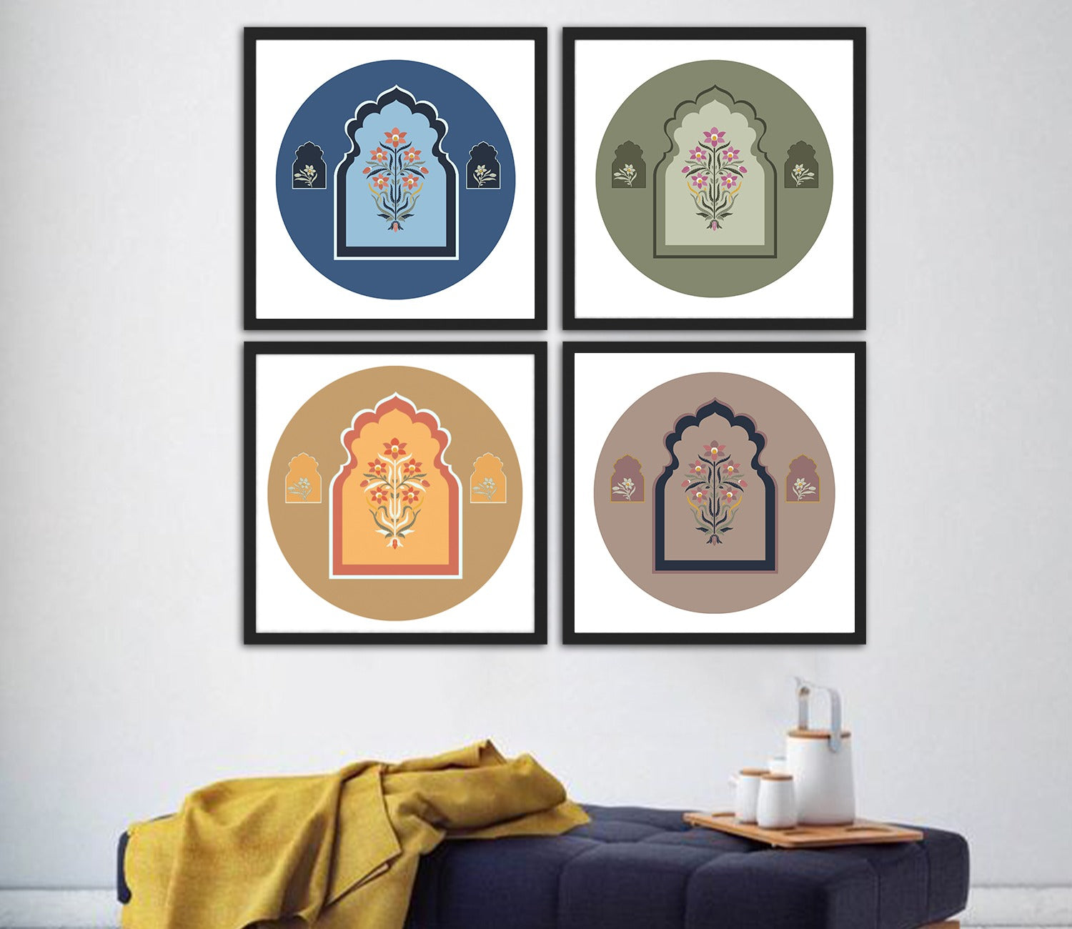 Lively Floral Print Jharokha Set of 4 Wall Frame (Square, Black, 16x16 Inch, Matte Paper)