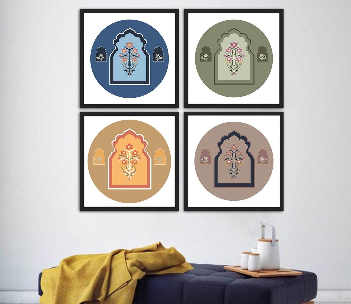 Lively Floral Print Jharokha Set of 4 Wall Frame (Square, Black, 16x16 Inch, Matte Paper)