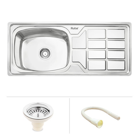 Trueliving Facy Silver_Square Single Bowl (37 x 18 x 8 Inches) 304-Grade Stainless Steel Kitchen Sink with Drainboard