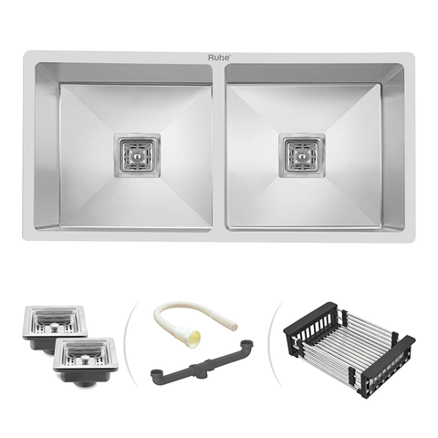 Trueliving Facy Silver_Handmade Double Bowl 304-Grade Kitchen Sink (45 x 20 x 10 Inches)