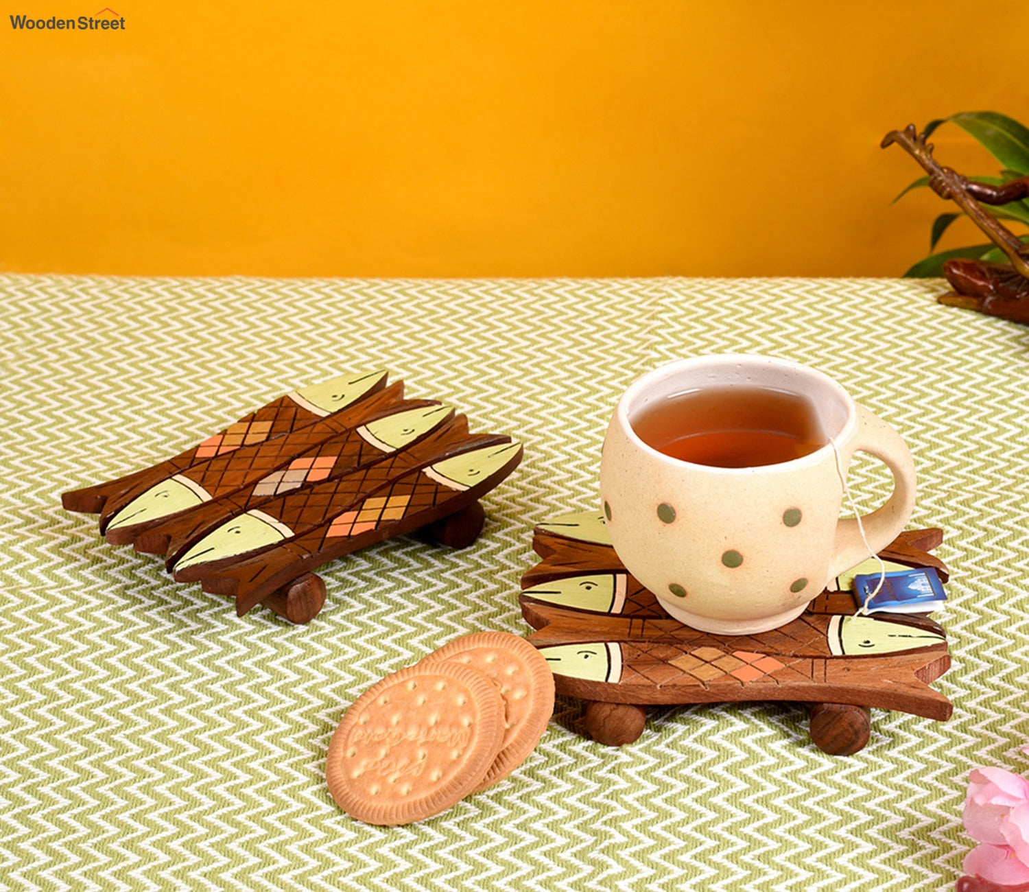 Small Fish With Tribal Art Wooden Handcrafted Coaster - Set of 2