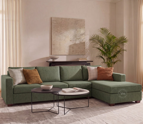 Albus L-Shape 5 Seater Right Aligned Sofa (Cotton, Sage Green)