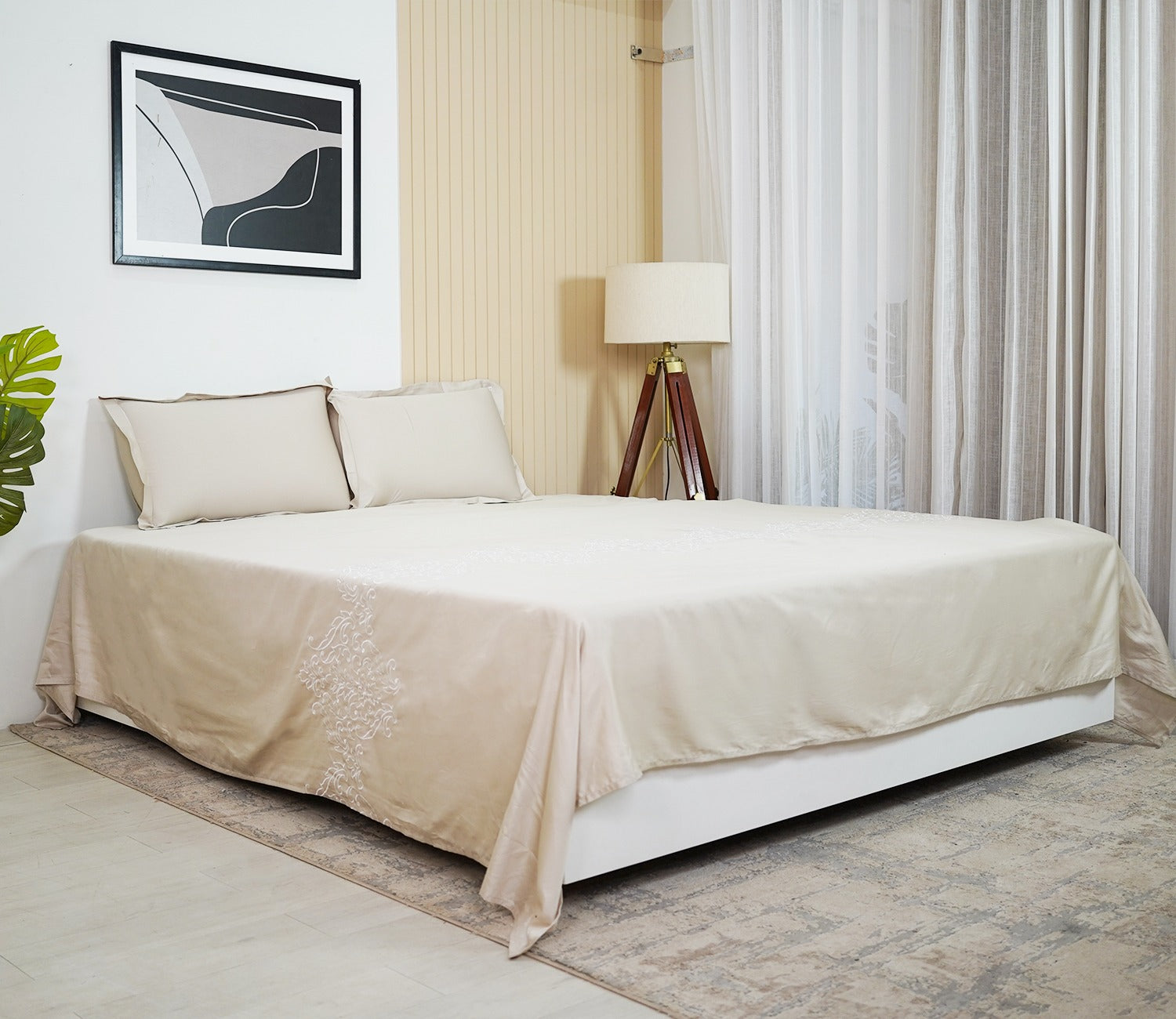 Foliate Embroidery 300 TC Flat Pure Cotton King Size Bedsheet With 2 Pillow Covers (Grey)