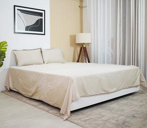 Foliate Embroidery 300 TC Flat Pure Cotton King Size Bedsheet With 2 Pillow Covers (Grey)