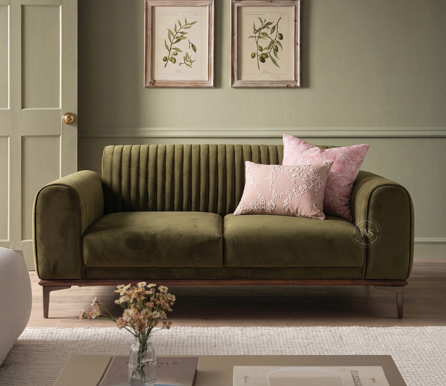 Lorenz 2 Seater Sofa (Velvet, Dark Olive Green)
