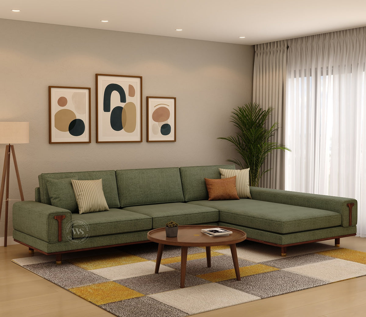 Nivas L-Shaped Sofa with Wooden Accents (Sage Green)