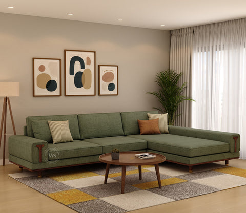 Nivas L-Shaped Sofa with Wooden Accents (Sage Green)