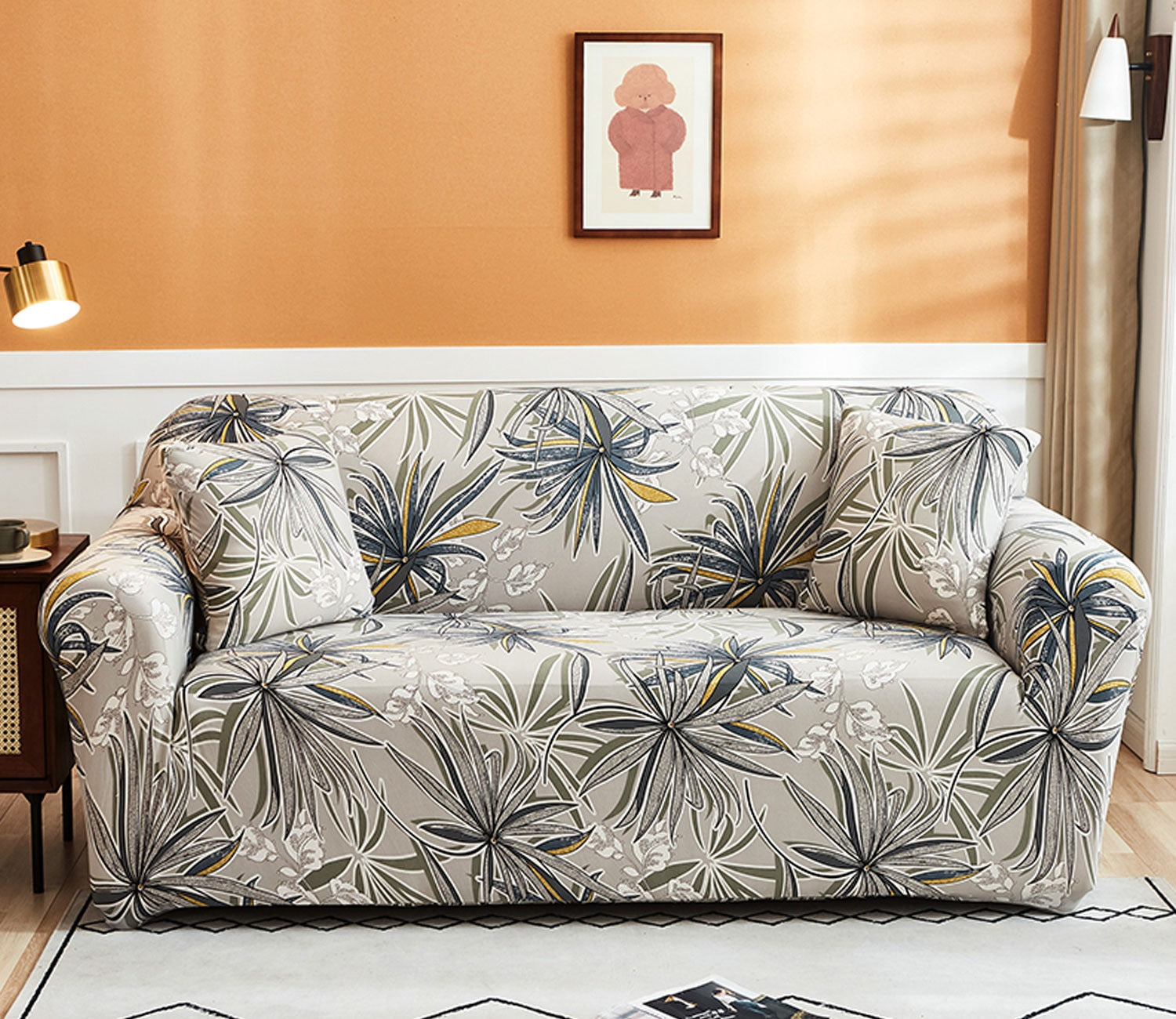 Cassia Floral Printed Polyester Spandex 2 Seater Sofa Cover (Beige)