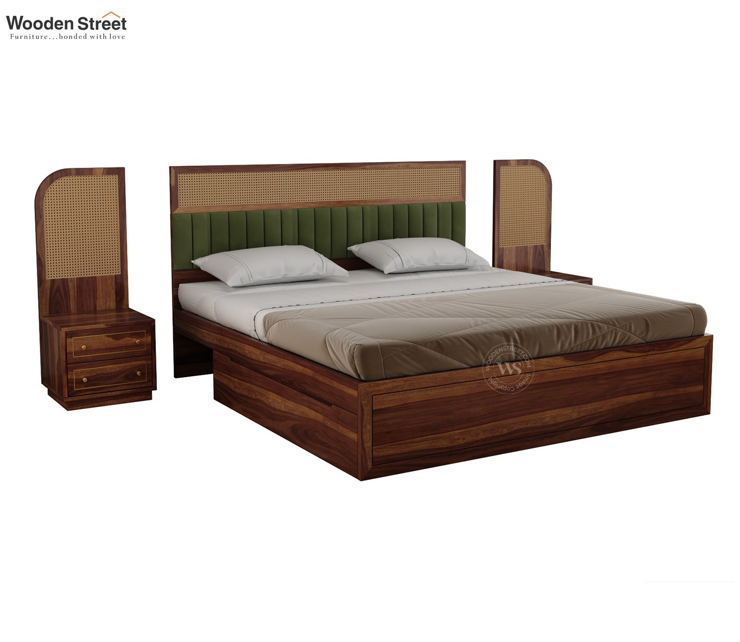 Serah Premium Sheesham Wood Bed with Cane & Velvet Headboard, Drawer Storage & 2 Modular Bedside Tables (King Size, Teak Finish)