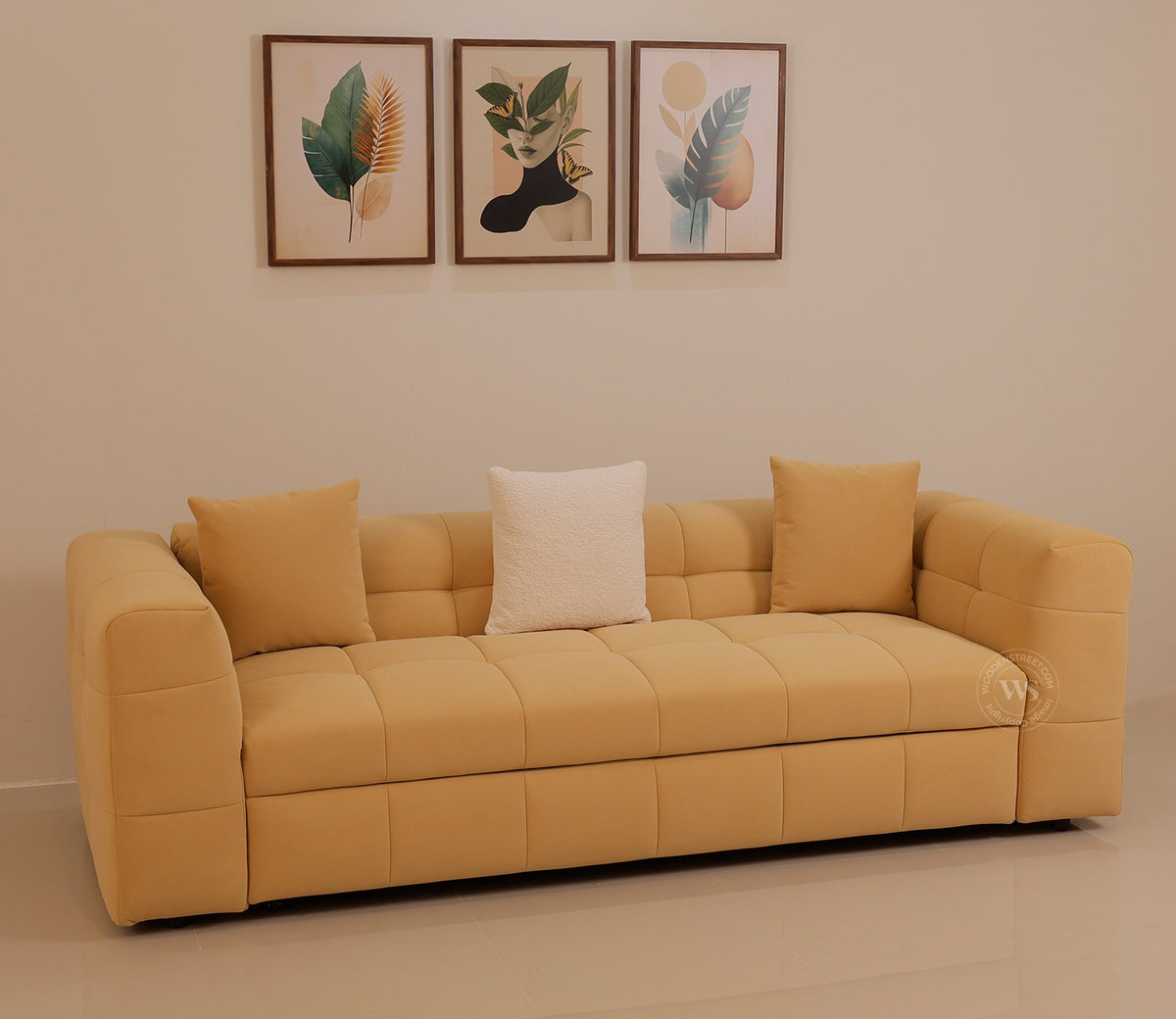 Cinnaro Modern Sofa Cum Bed with Pull Out Conversion and Tufted Design (Yellow)