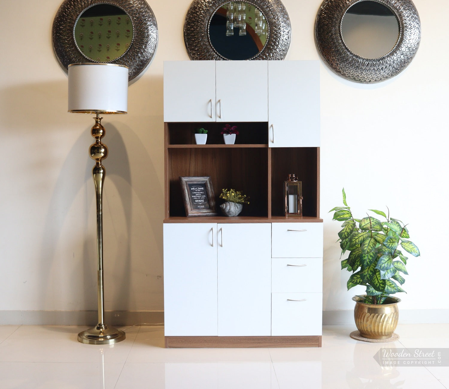 Piero Kitchen Cabinet (Exotic Teak-Frosty White Finish)