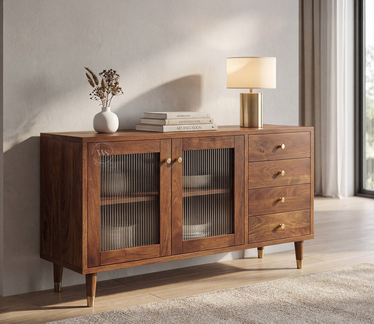 Briska Mango Wood Cabinet with Fluted Glass & Drawer Storage (Teak Finish)