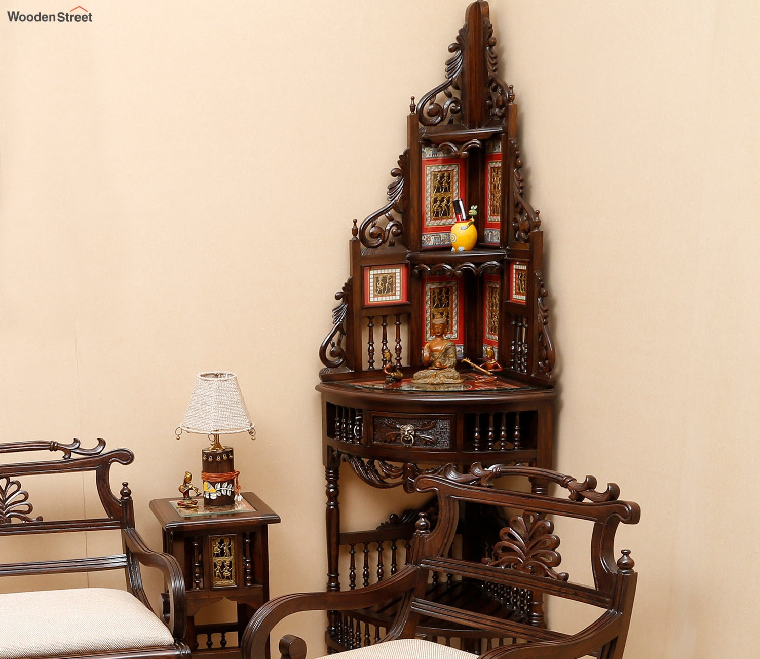 Quadro Teak Wood Corner Table with Storage and Carved Elevation