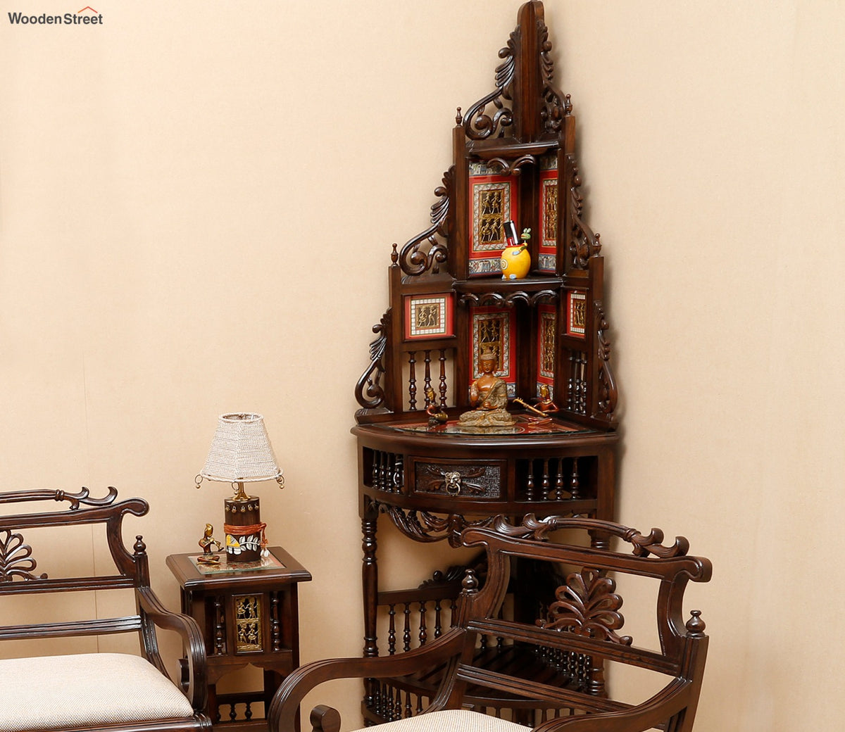 Quadro Teak Wood Corner Table with Storage and Carved Elevation