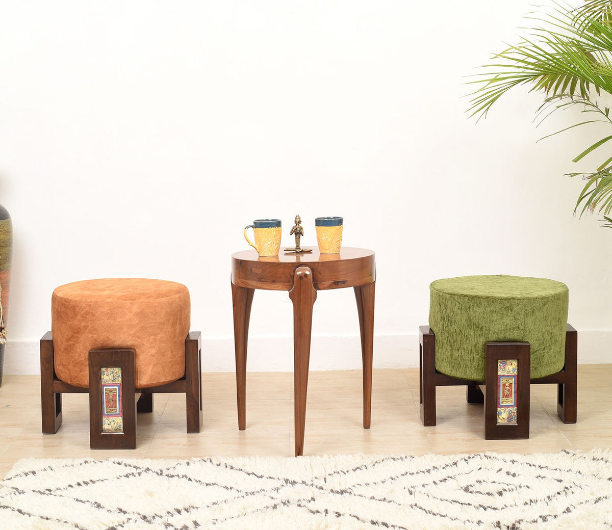 Pouffe Teak Handcrafted Dhokra Mdhbni Orange