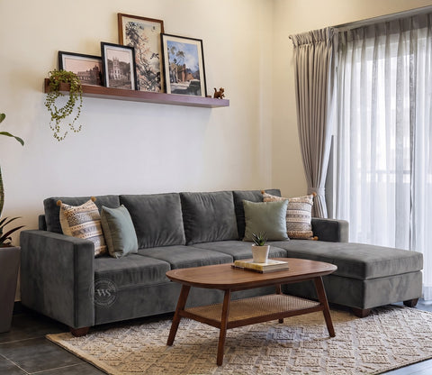 Albus L-Shape 5 Seater Right Aligned Sofa (Velvet, Graphite Grey)