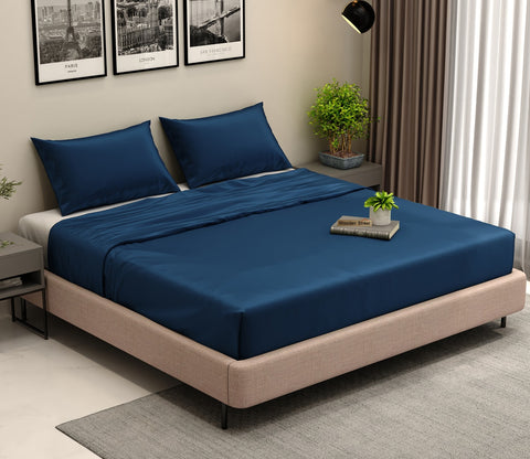 Vegan Bamboo Silk Bedsheet 300 TC Naturally Anti-Bacterial Queen Bedsheet with 2 Pillow Cover (Navy Blue)