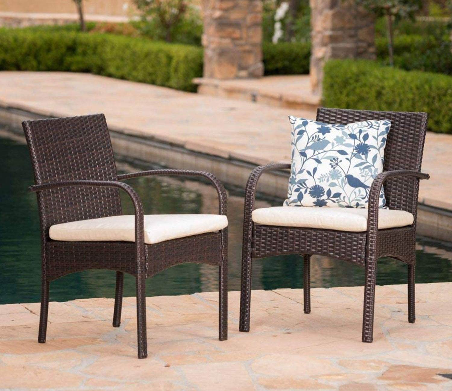 Dark Brown Rattan And Wicker Outdoor Chairs With Cream Cushions (Set Of 2)