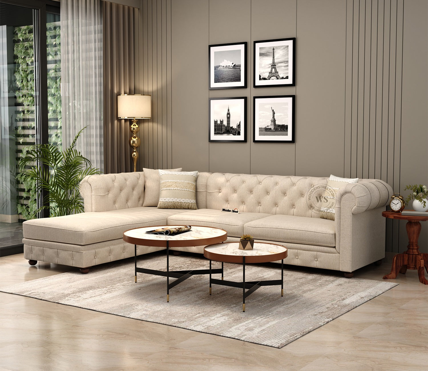 Henry L - Shaped Left Aligned Corner Sofa (Cotton, Jade Ivory)