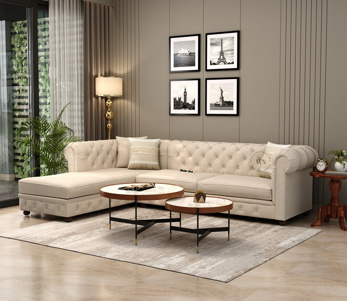 Henry L - Shaped Left Aligned Corner Sofa (Cotton, Jade Ivory)