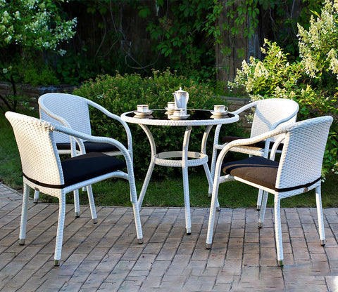 White Wicker And Rattan 4 Seater Dining Set With Black Cushions