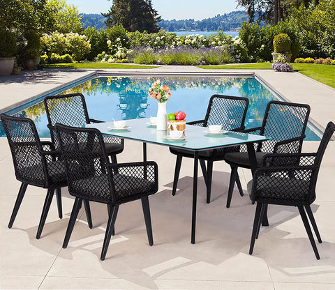 Black 6 Seater Dining Set With Table And Grey Cushions
