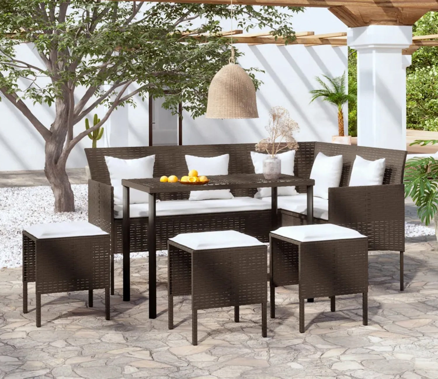 Dark Brown Rattan And Wicker 7 Seater Patio Set With Table And Off White Cushions