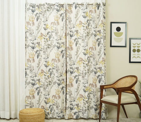 Leafy Floral Print 1 Piece Light-Filtering Curtain (Grey, 7 Feet)