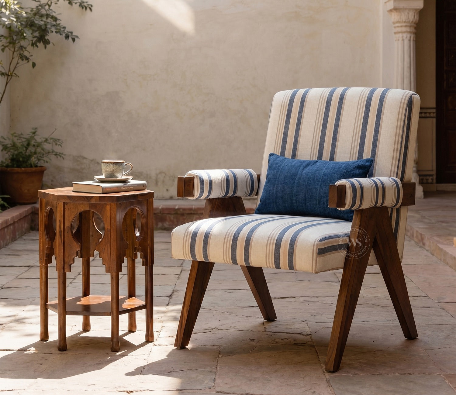 Troupe Sheesham Wood Chandigarh Chair with Premium Upholstery (Blue Stripes, Teak Finish)