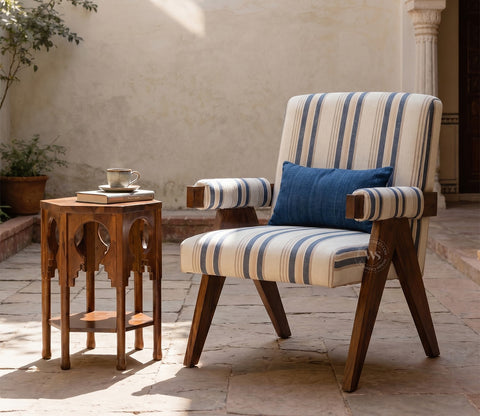 Troupe Sheesham Wood Chandigarh Chair with Premium Upholstery (Blue Stripes, Teak Finish)