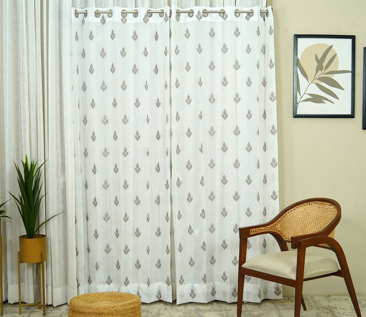 Tri Motifs Sheer Door Curtains Set of 2 (Grey, 7 Feet)