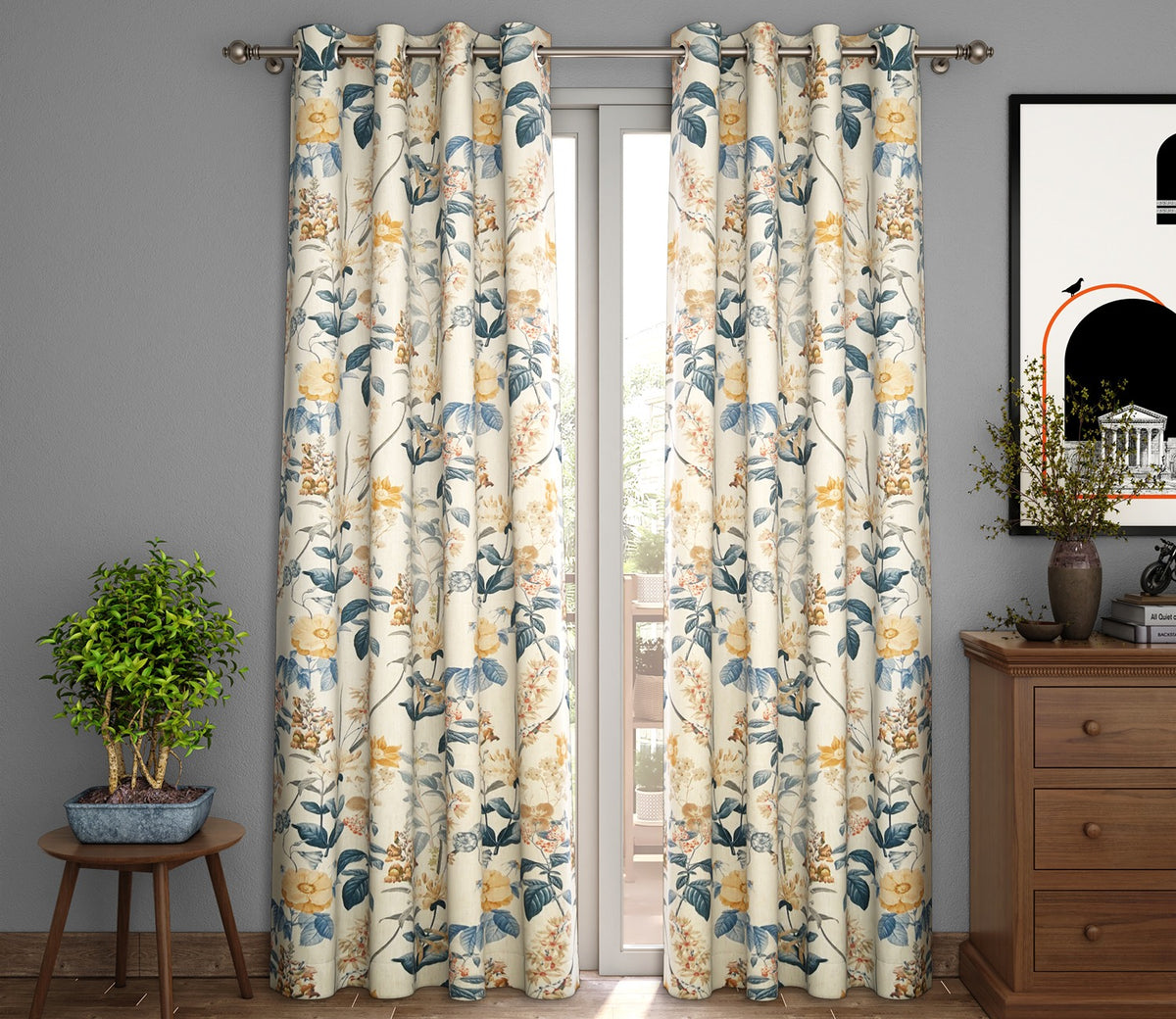 Leafy Floral Print Light-Filtering Door Curtains Set of 2 (Blue, 7 Feet)