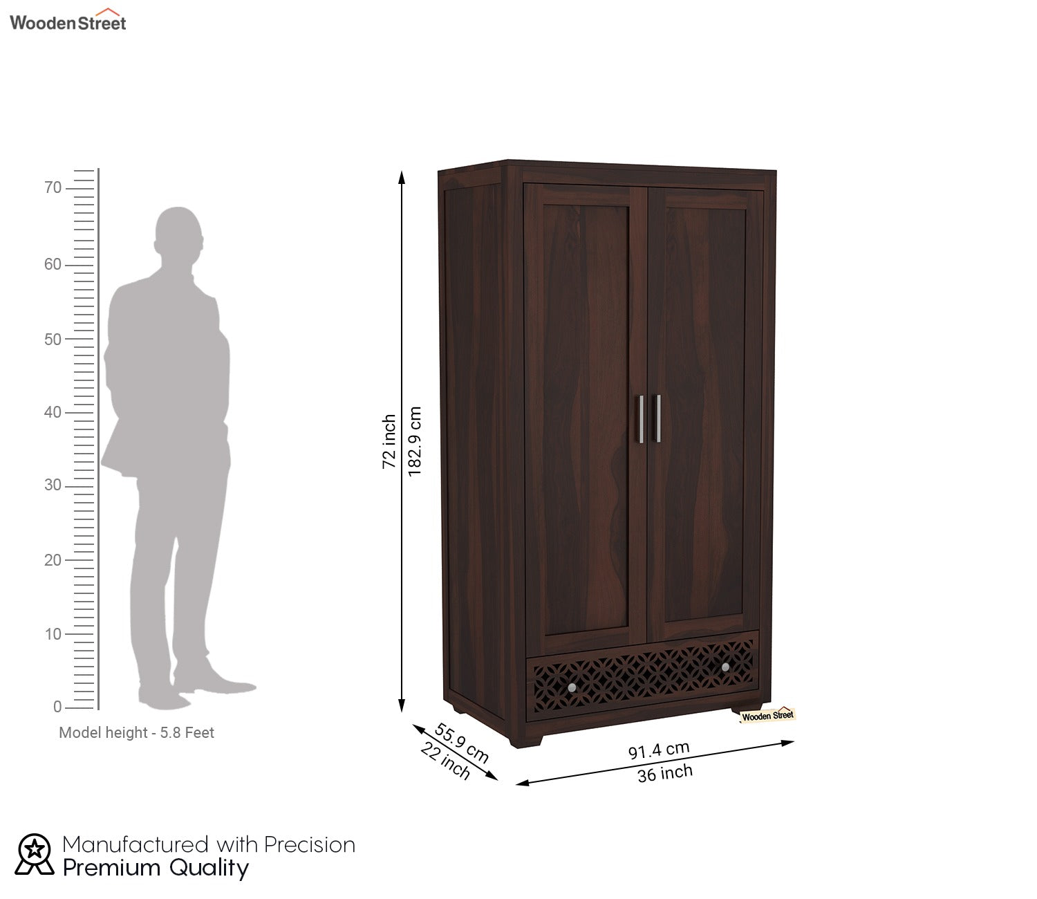 Cambrey Sheesham Wood Double Door Wardrobe (Walnut Finish)