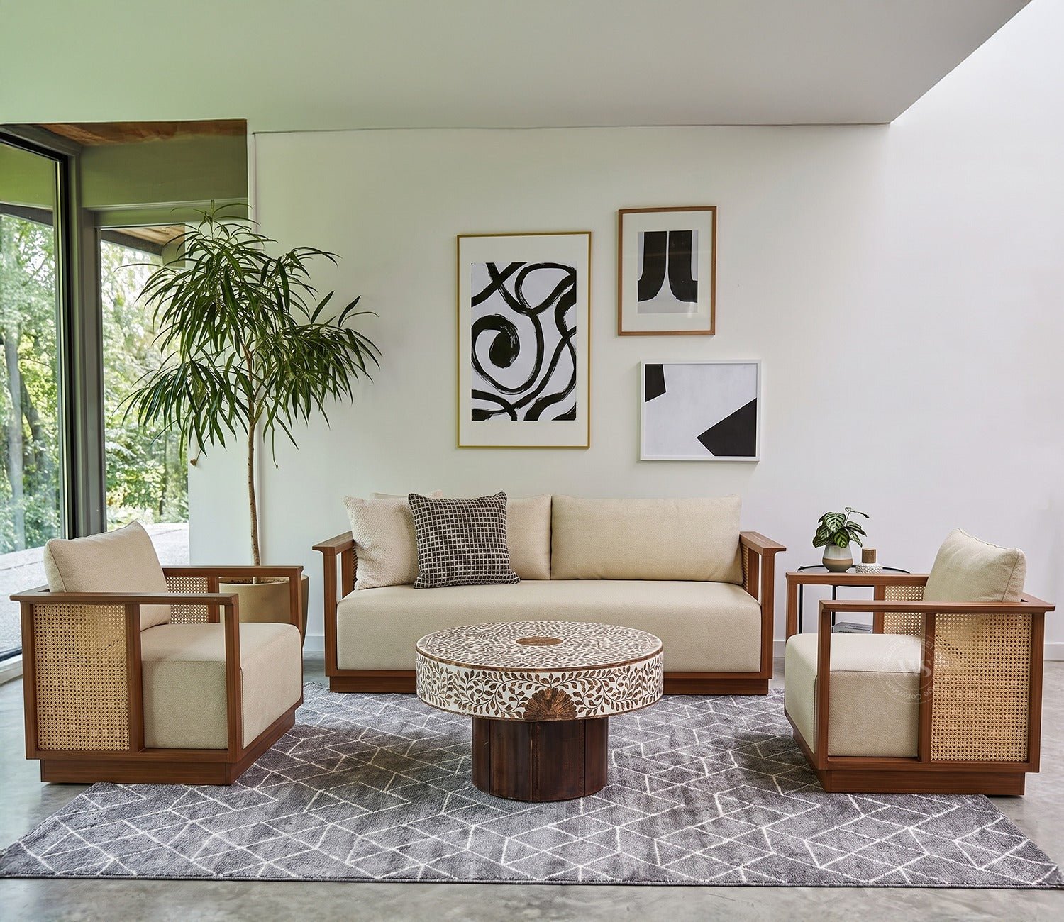 Varnik 3+1+1 Ash Wood Sofa Set with Cane Accents (Teak Finish, Cottage Ivory)
