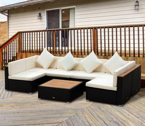 Black Rattan And Wicker 6 Seater Patio Set With Table And Cream Cushions
