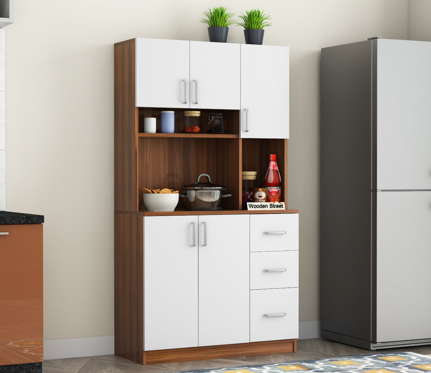 Piero Kitchen Cabinet (Exotic Teak-Frosty White Finish)