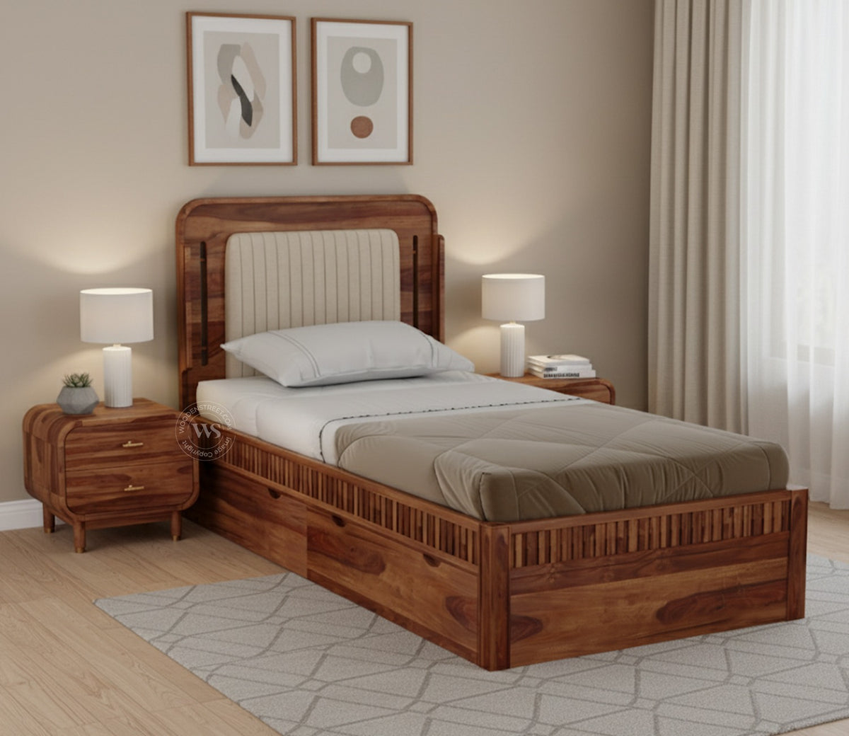 Lotus Premium Sheesham Wood Bed with Drawer Storage (Single Size, Honey Finish)