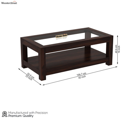 Arno Glass Top Coffee Table (Walnut Finish) - Sheesham Wood, Open Storage Shelf, Pre-Assembled | Fits Standard 3-Seater Sofa