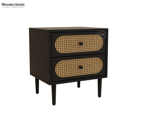 Andreas Premium Mango Wood Bedside Table with Cane Drawers (Black Finish)
