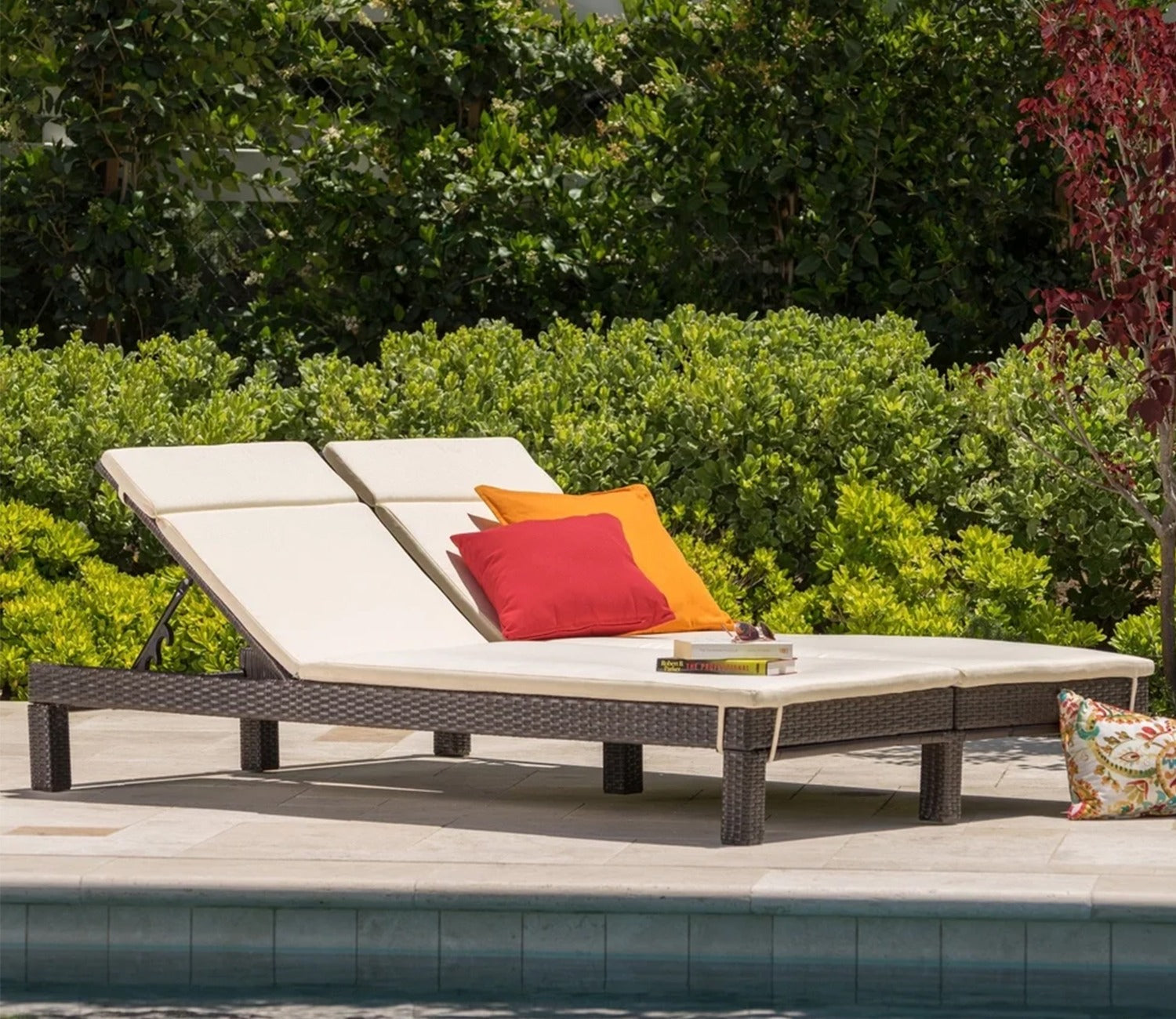 Dark Brown Adjustable Outdoor Attached 2 Patio Lounger With Cream Cushions