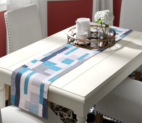 Blue Stripes Velvet Printed Table Runner (72 x 14 inches)