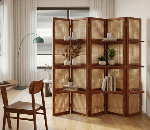 Aakaar Sheesham Wood Foldable Room Divider with Cane Weave & Open Shelves - 5 Panel Partition Screen